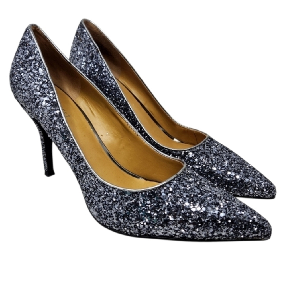 Nine West | Women's Elegant Silver Sequin/Glitter 4" Flax Heels (Size 9M)